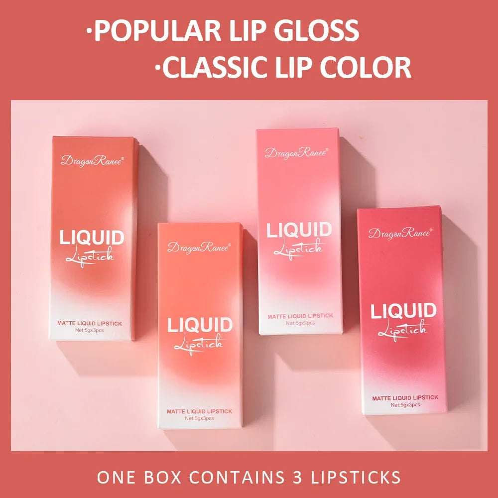 Coffret de 3 rouges à lèvres liquides – Maquillage longue tenue pour femmes | Cosmétiques coréens | Finition mate et imperméable | Couleur durable