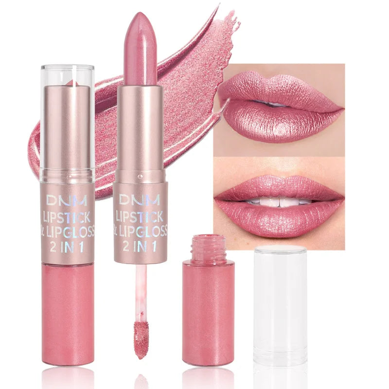 Rouge à lèvres 2-en-1 + gloss — Couleur métallique et nacrée | Tenue longue durée et hydratante | Waterproof | Finition brillante et sexy pour maquillage des lèvres