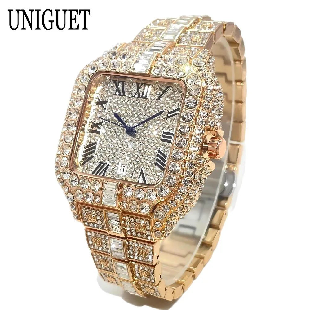 Marque de mode chaude UNIGUET Hip Hop or Rose diamant glacé montre pour hommes de luxe carré étanche Quartz homme horloges Relogio Masculino