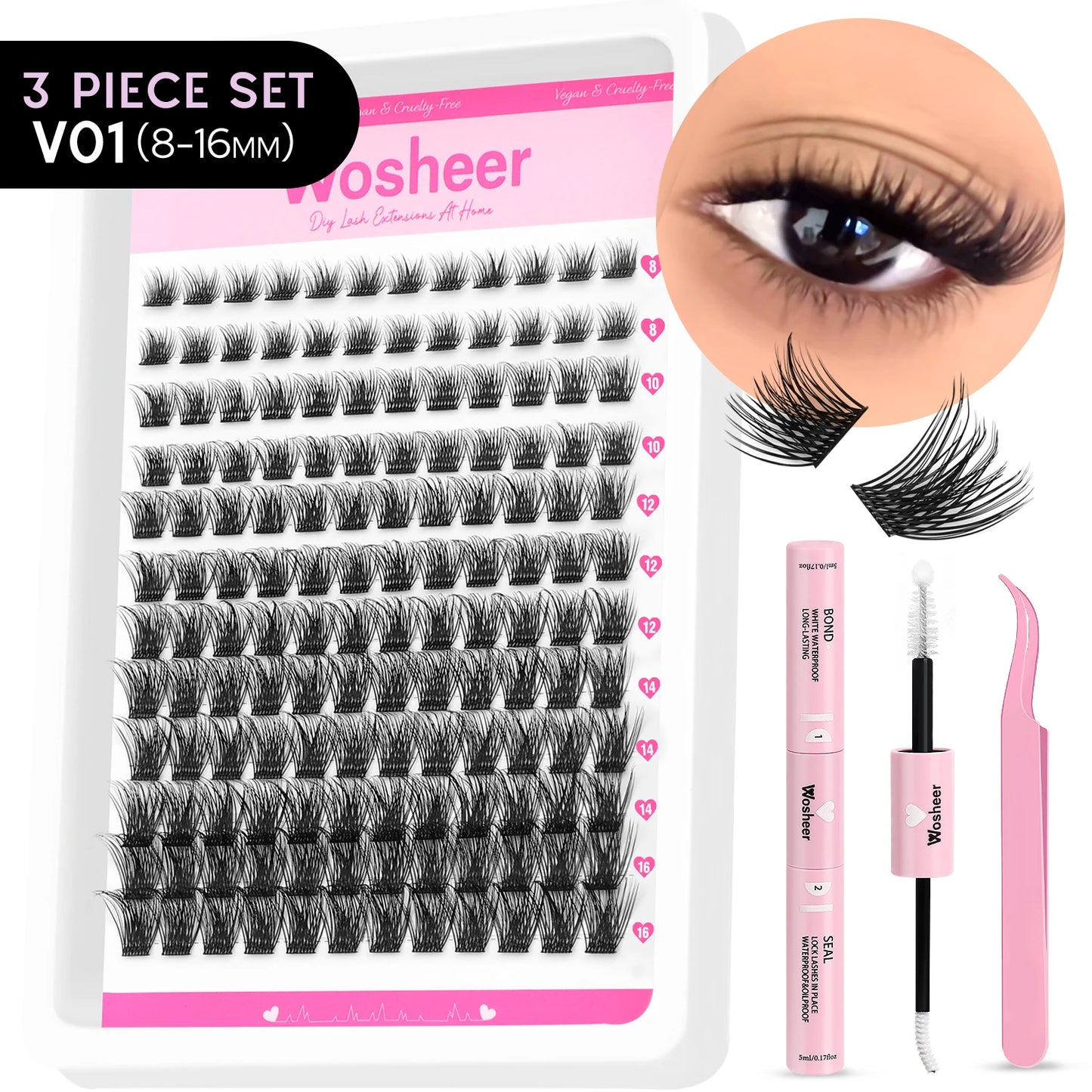 Kit de grappes de cils – Grappes de cils en pointe, volume, cils individuels, DIY – Extensions de cils style manga, effet piquant