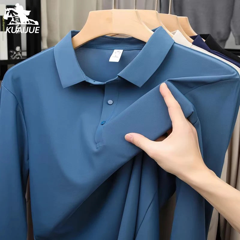 Hommes de haute qualité été nouveau revers hommes à manches longues polo broderie couleur unie affaires décontracté hommes polo