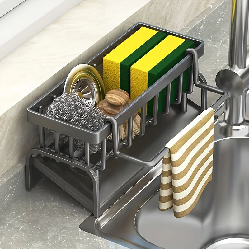 Kitchen Sink Sponge Holder with Drain Rack – Faucet Organizer & Detergent Storage Set