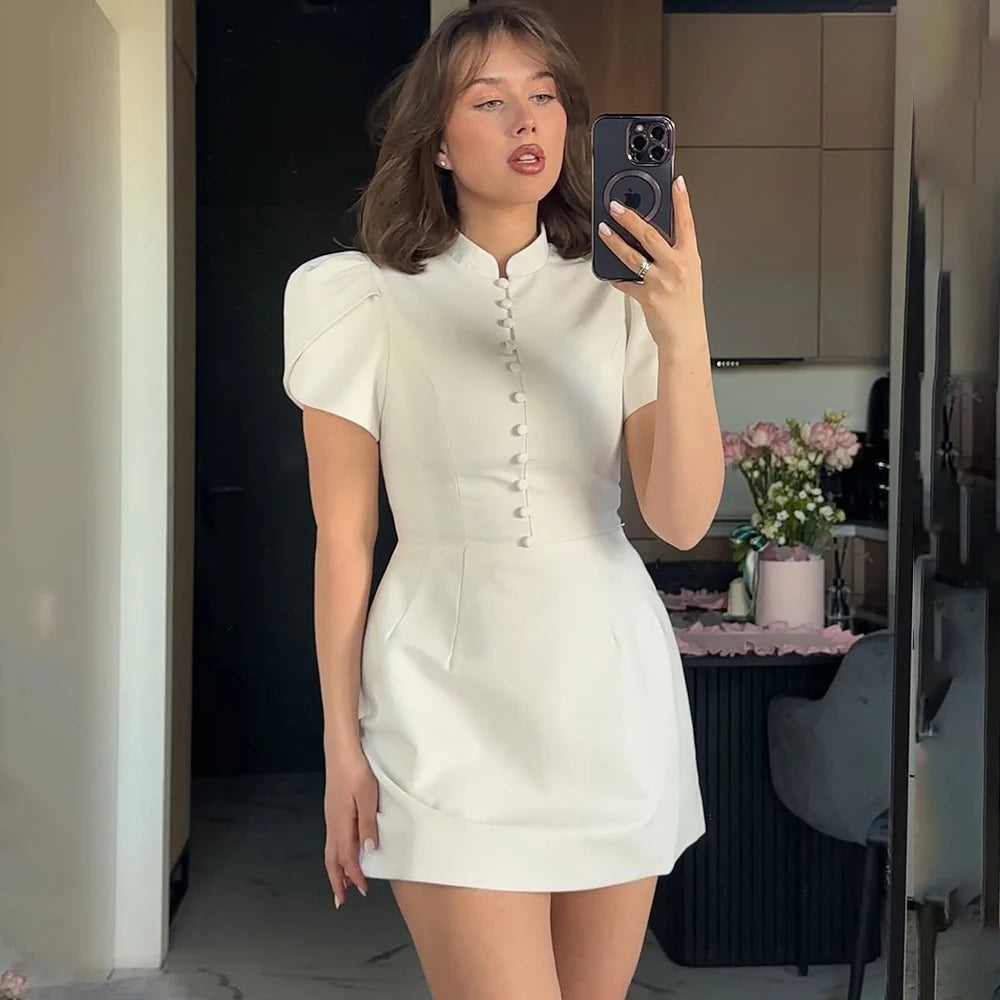 Mini Dress Femme – V-Neck, Puff Sleeve, A-Line Slim