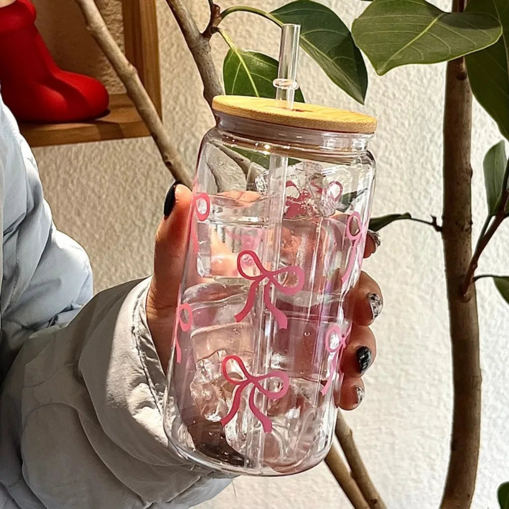 500ml Cute Bow Glass Tumbler with Lid & Straw – Mason Jar Style Cup for Iced Coffee, Juice & Smoothies