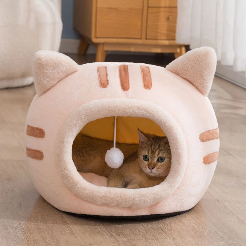 Plush Cat Cave Bed – Warm Foldable Pet House with Non-Slip Base
