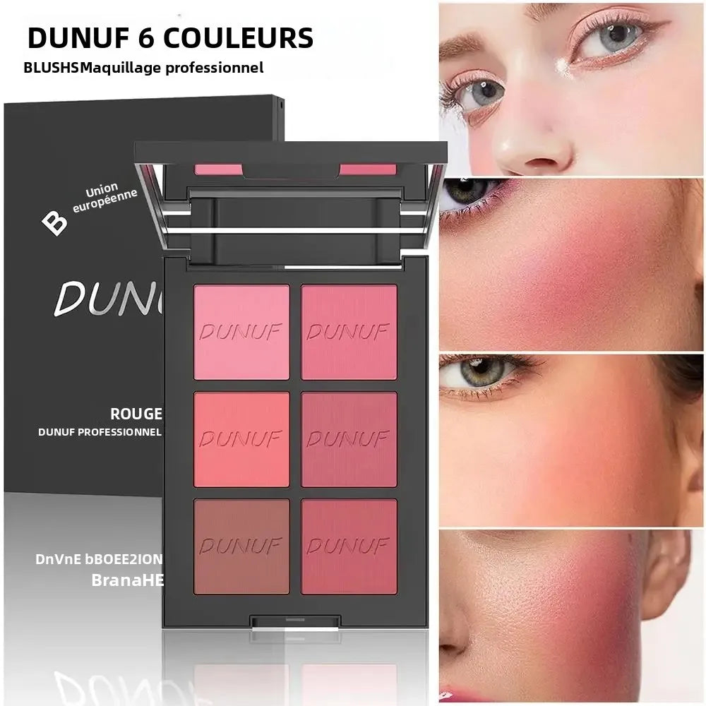 Palette de blush poudre  longue tenue – 6 couleurs, finition mate et scintillante, highlighter et bronzer – Haute pigmentation, waterproof, maquillage contour