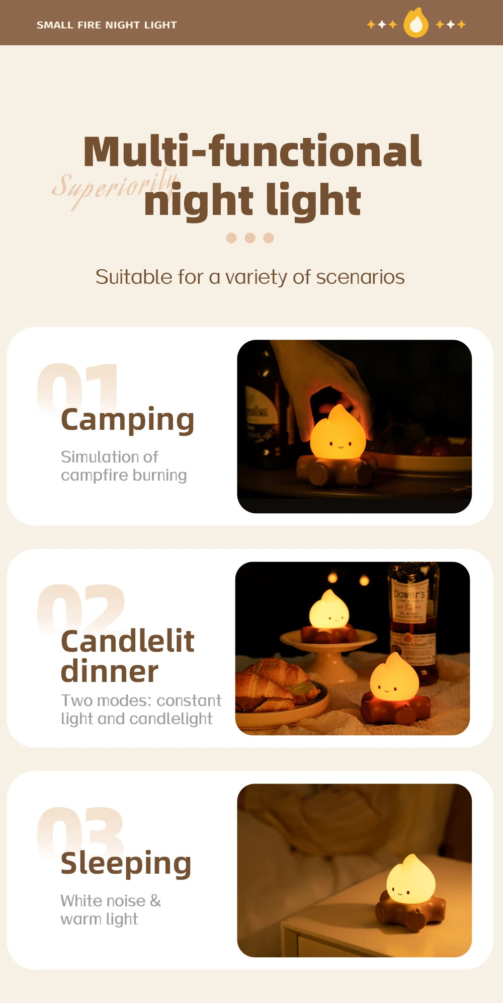 Campfire Night Light with White Noise – Cozy LED Atmosphere Lamp for Kids & Bedroom Decor
