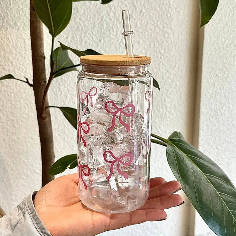 500ml Cute Bow Glass Tumbler with Lid & Straw – Mason Jar Style Cup for Iced Coffee, Juice & Smoothies