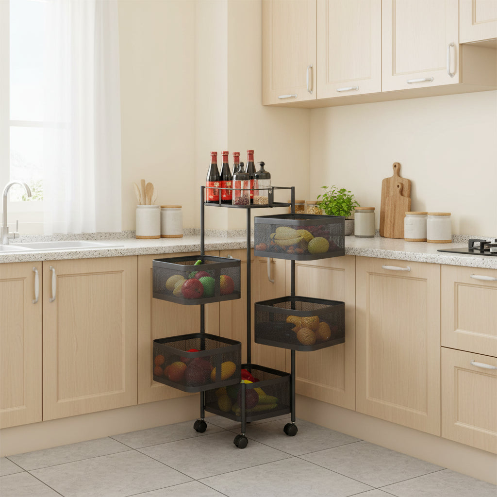 5-Tier Rotating Storage Rack with Wheels – Rolling Kitchen Organizer Basket Shelf