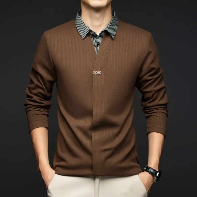 Pull en tricot à manches longues pour hommes, avec col de chemise tissé et chemisier en tricot, T-shirt à col, vêtements pour hommes, automne/hiver