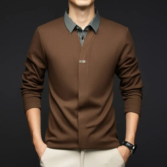 Pull en tricot à manches longues pour hommes, avec col de chemise tissé et chemisier en tricot, T-shirt à col, vêtements pour hommes, automne/hiver