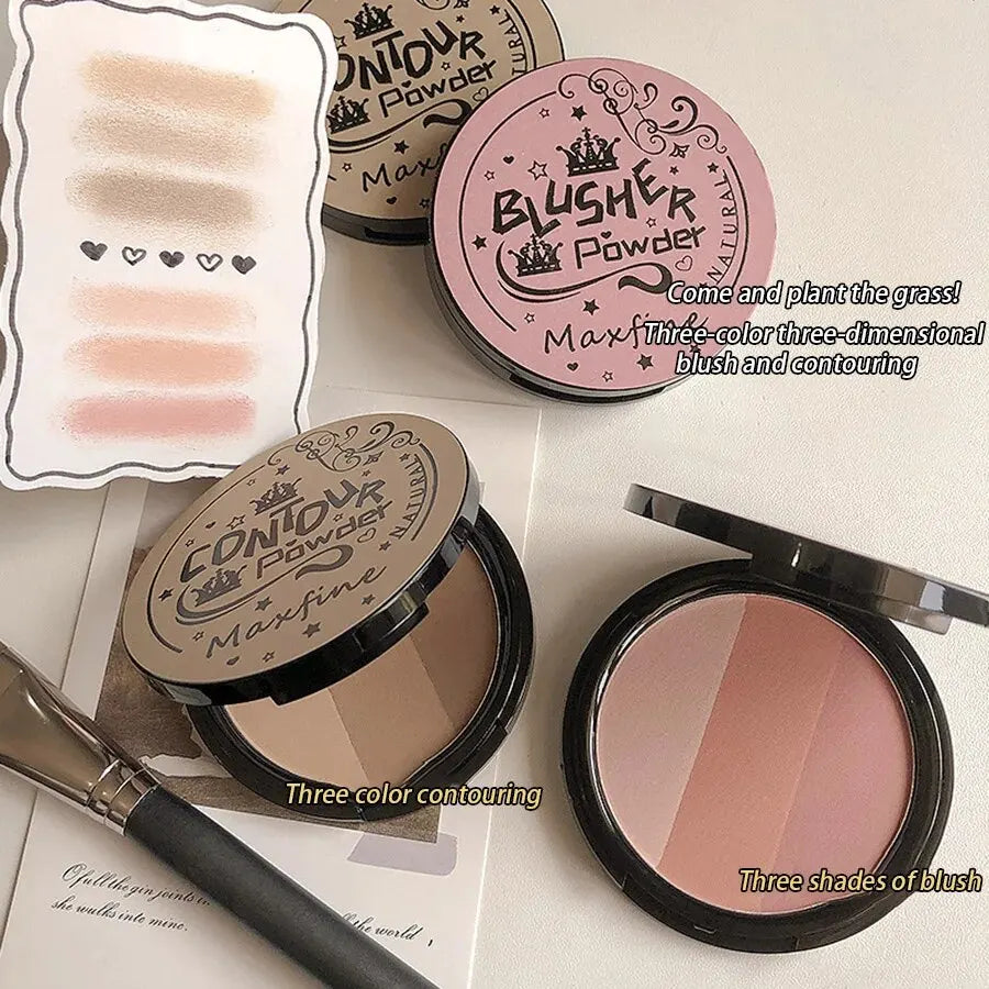 Palette de Contouring Trois Couleurs — Délicate, Waterproof, Longue Tenue, Non Décolorante, Palette Intégrée Ombre à Paupières et Blush