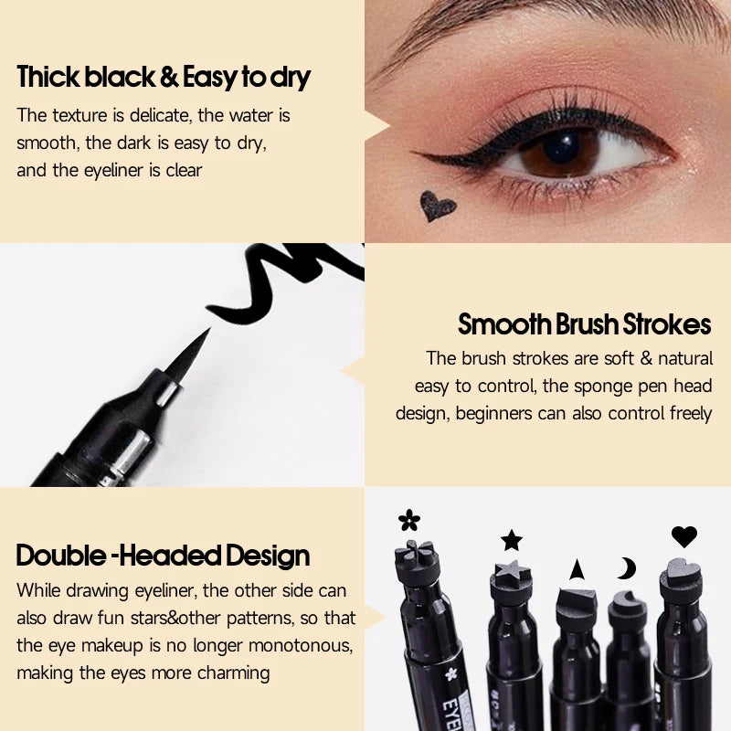 1 Pc Stylo Eyeliner Noir – Étanche, Anti-Bavure, Longue Tenue, Double Embout, Tampons Lune, Étoile, Cœur et Fleur, Eyeliner Liquide
