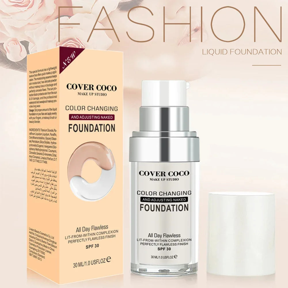 Fond de teint liquide longue tenue, couvrance légère et transparente, crème hydratante
