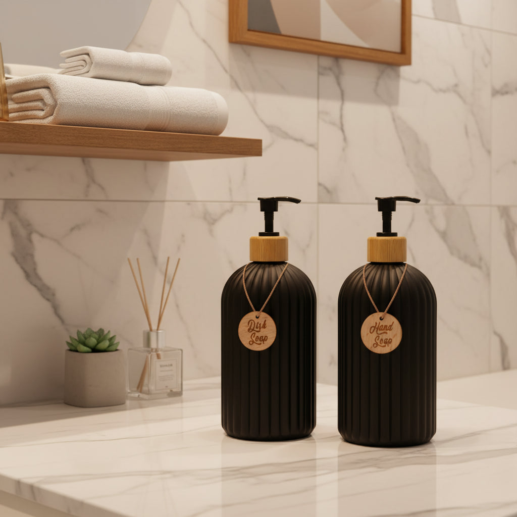Striped Soap Dispenser with Bamboo Pump – Refillable Kitchen & Bathroom Bottle