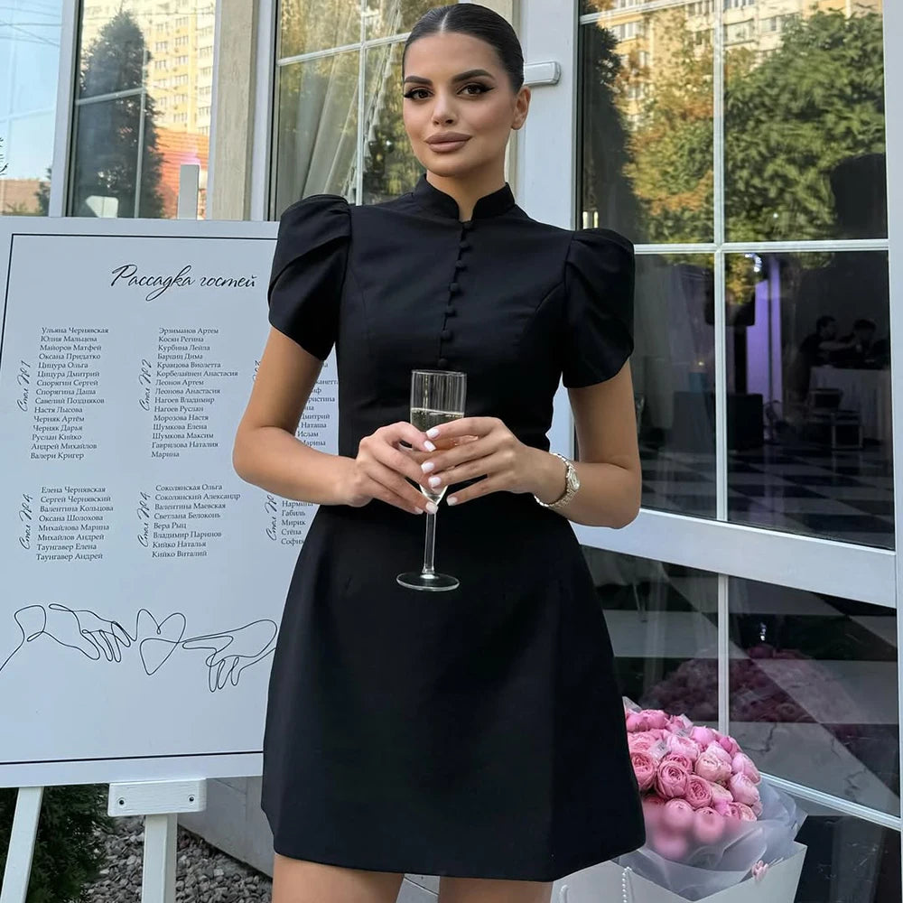 Mini Dress Femme – V-Neck, Puff Sleeve, A-Line Slim