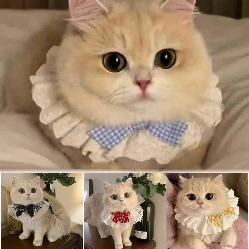 Elegant Lace Pearl Pet Collar with Bow – Adjustable Neck Scarf for Cats & Dogs