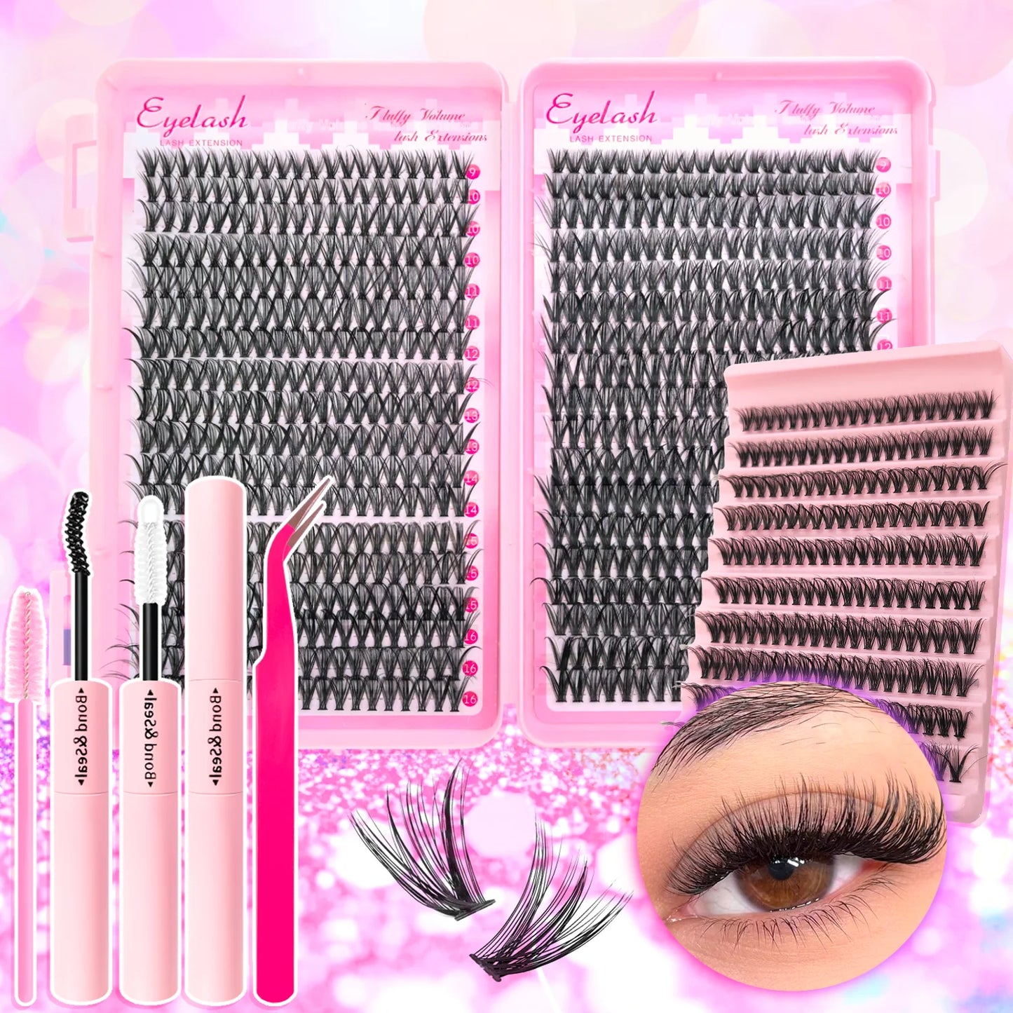 Kit Extension de Cils 720/200 pcs Fluffy Avec Colle, Scellant, Pinces et Clusters Épais Wispy