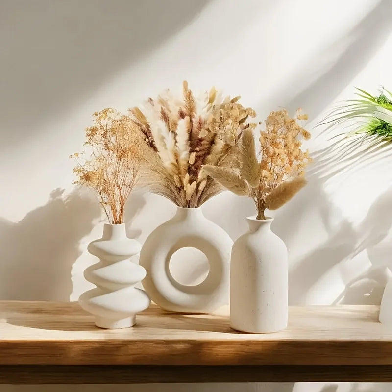 3-Piece White Boho Ceramic Vase Set – Decorative Vases for Home & Wedding Decor
