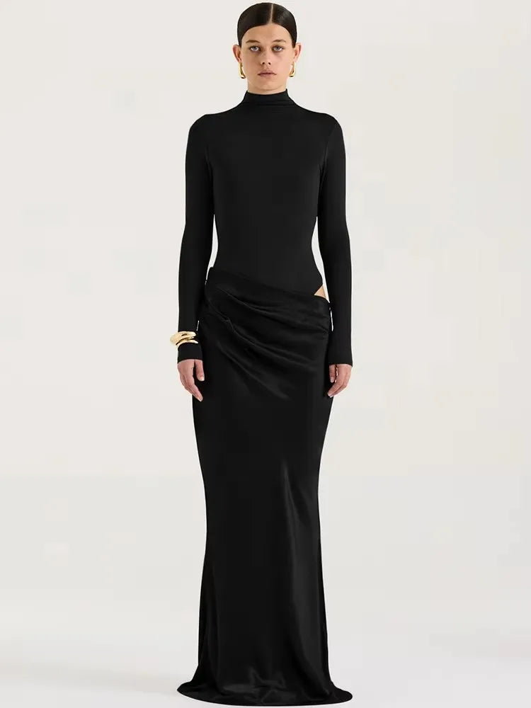 Robe Longue Femme Satin Sexy – Col Ajouré, Sans Manches, Taille Haute, Noir, Automne 2025