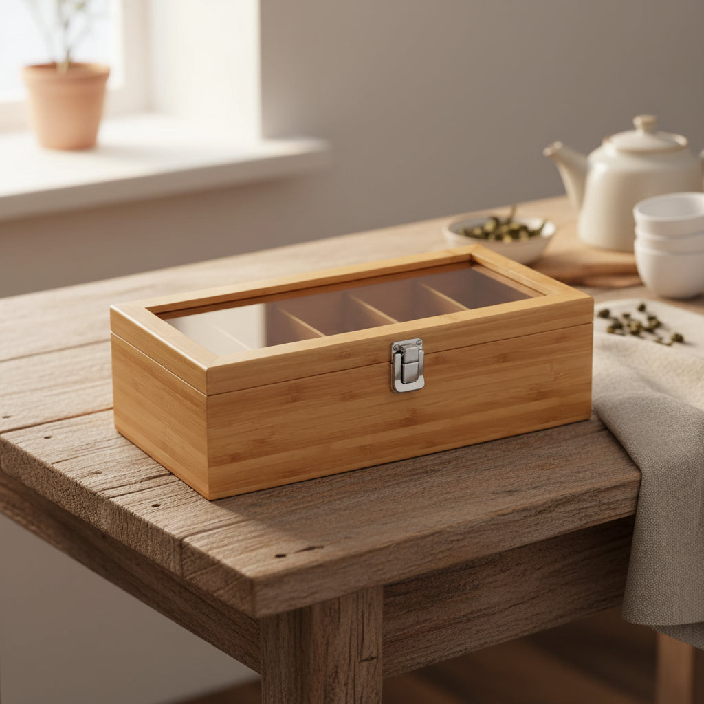 Bamboo Tea Bag Storage Box – 5 Compartment Organizer for Tea, Coffee & Spices