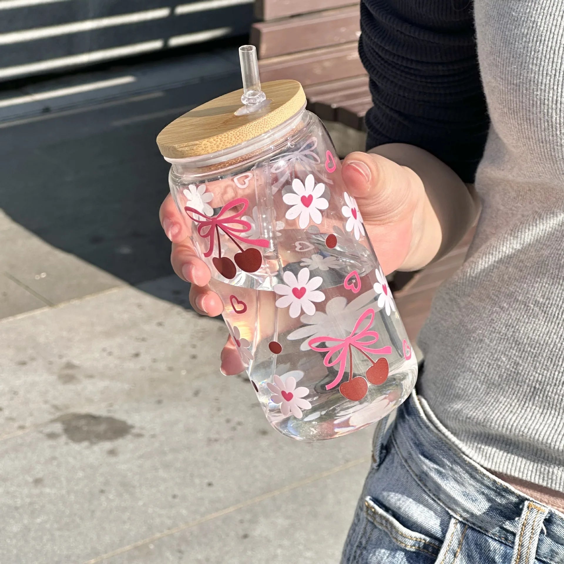 500ml Cute Bow Glass Tumbler with Lid & Straw – Mason Jar Style Cup for Iced Coffee, Juice & Smoothies