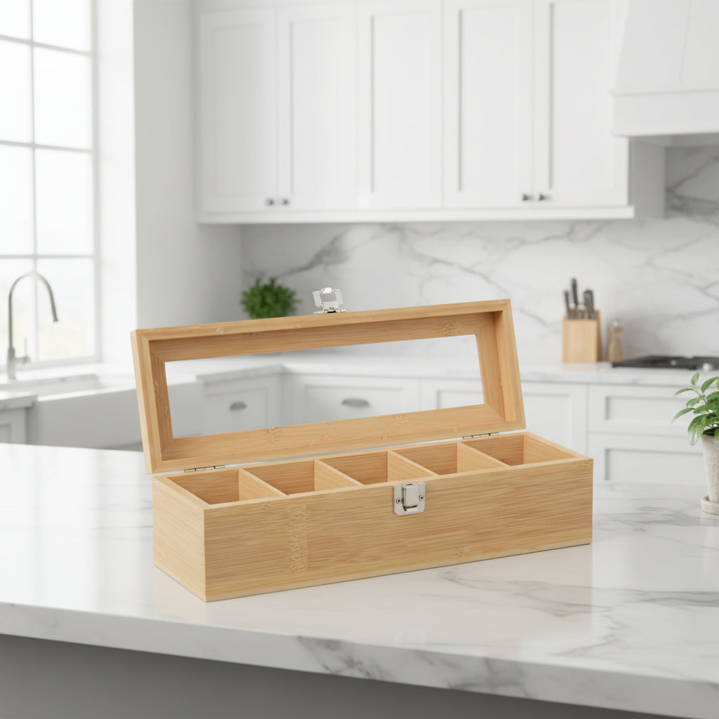 Bamboo Tea Bag Storage Box – 5 Compartment Organizer for Tea, Coffee & Spices