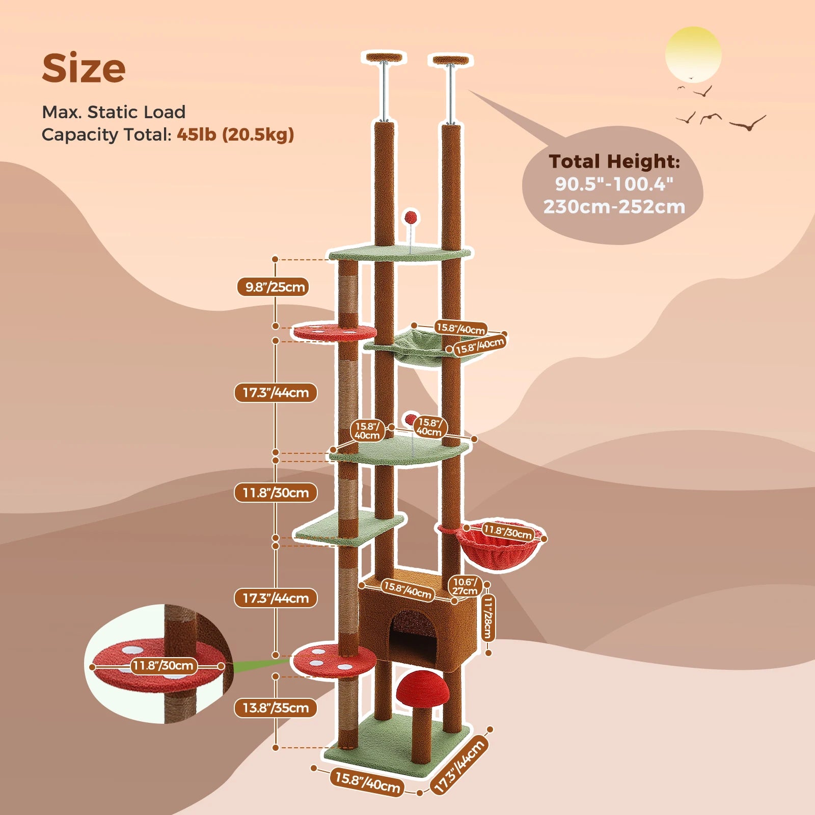 Floor-to-Ceiling Adjustable Wooden Cat Tree – Cat Tower with Hammock & Condo