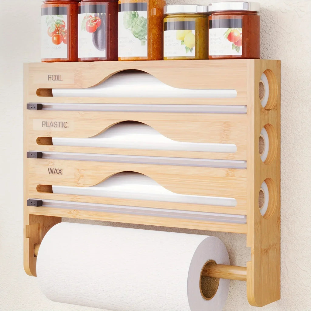 Bamboo Wall Mounted Kitchen Organizer – Cling Film & Foil Cutter Storage Box
