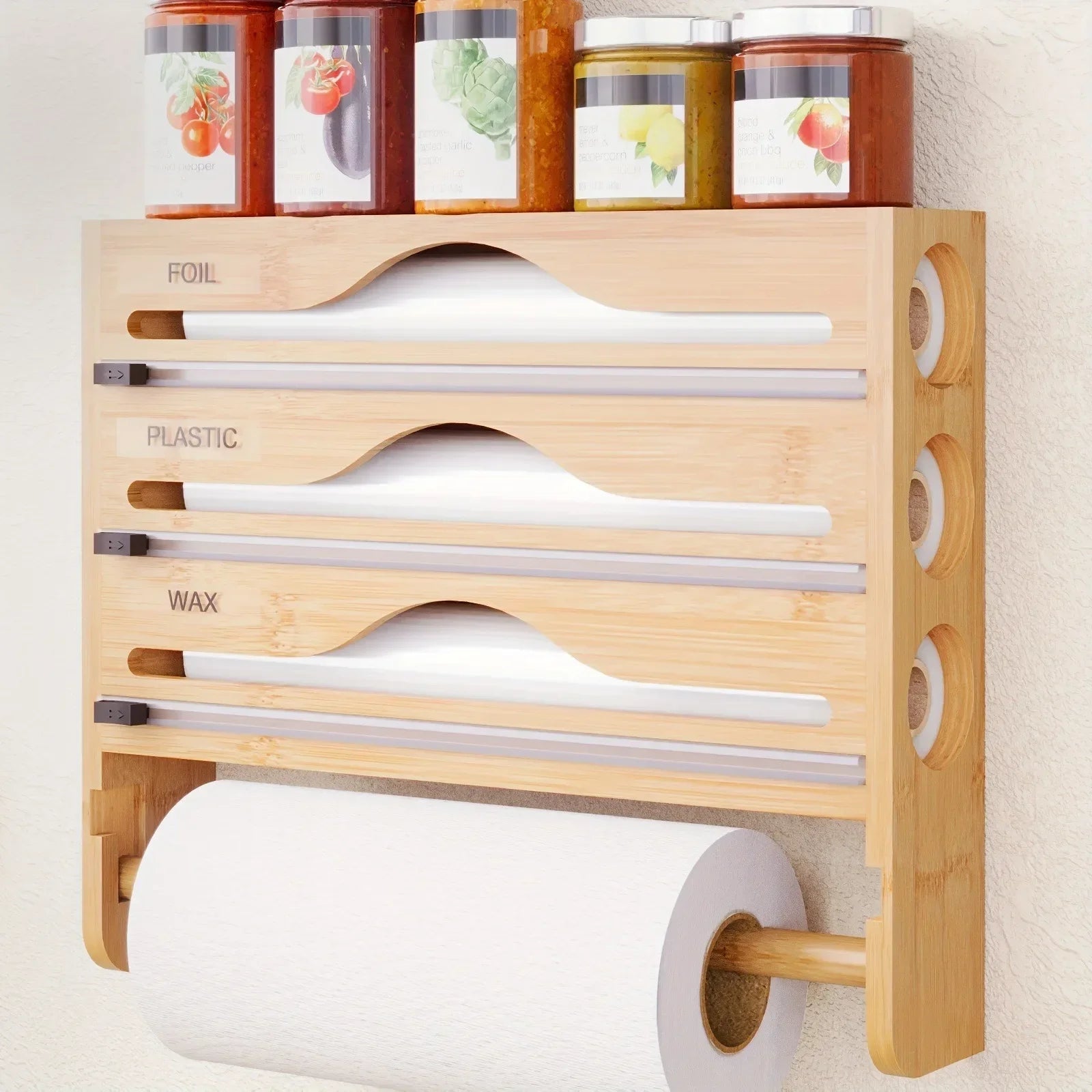 Bamboo Wall Mounted Kitchen Organizer – Cling Film & Foil Cutter Storage Box