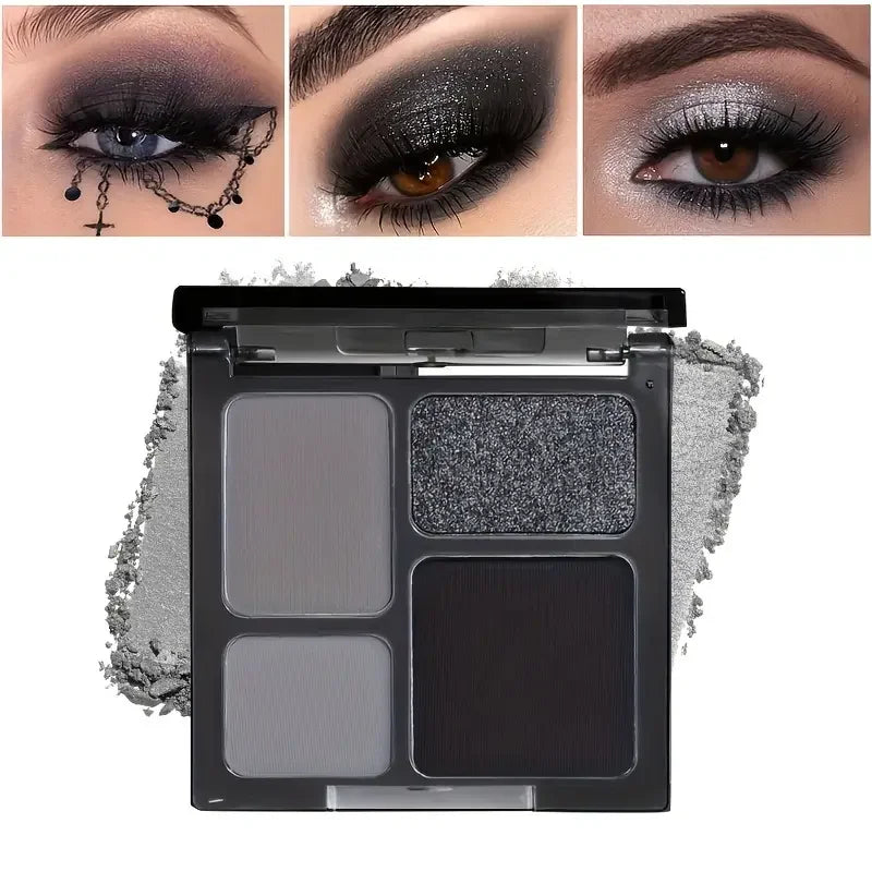Palette fards à paupières 4 couleurs, mats et nacrés pailletés, smoky punk noir, gris, argent, maquillage Halloween