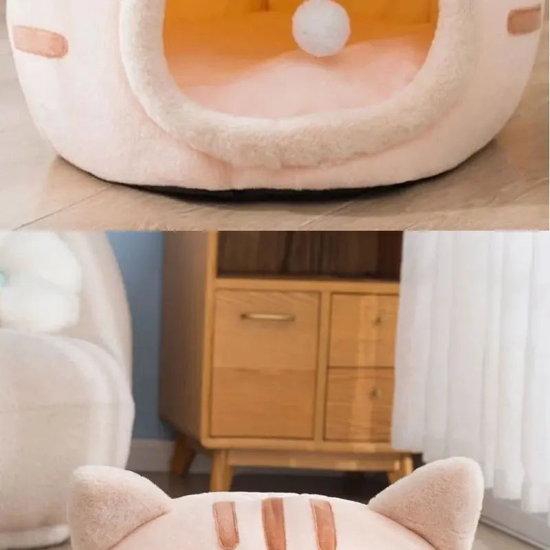 Plush Cat Cave Bed – Warm Foldable Pet House with Non-Slip Base