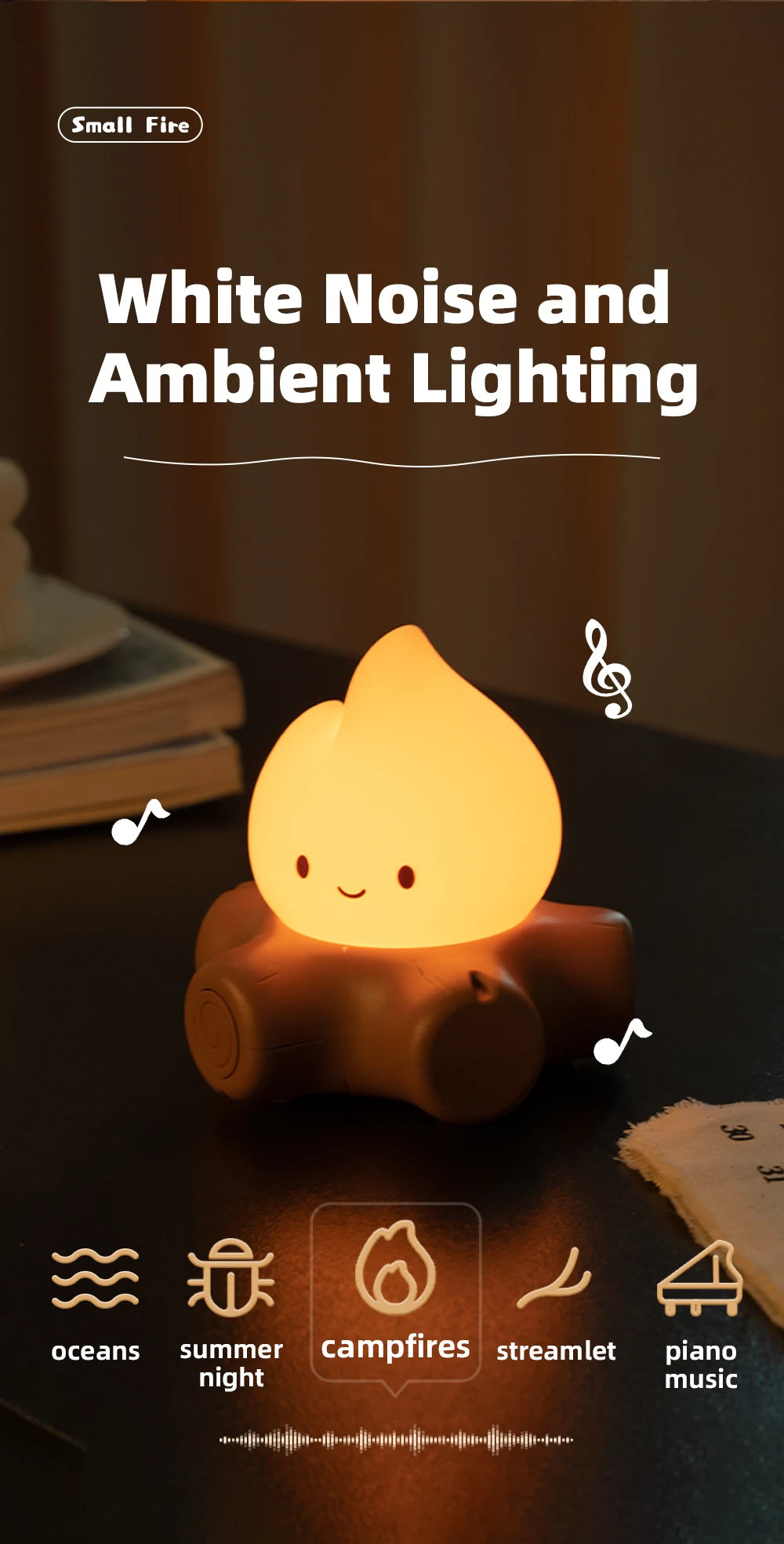 Campfire Night Light with White Noise – Cozy LED Atmosphere Lamp for Kids & Bedroom Decor