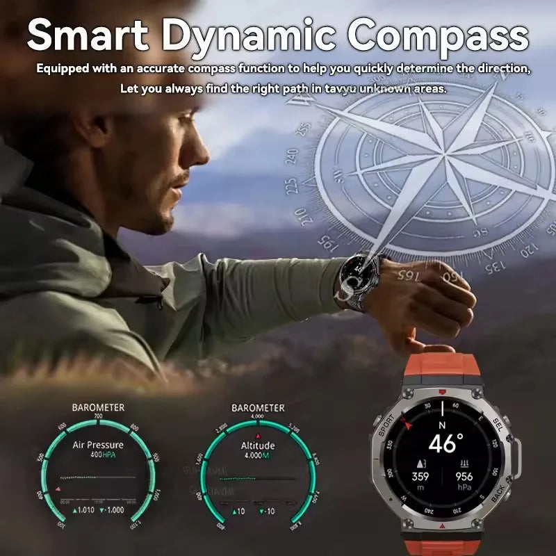 Montre connectée militaire pour hommes, avec appels Bluetooth, boussole GPS intégrée, altimètre barométrique, étanche 10ATM, nouvelle collection 2025