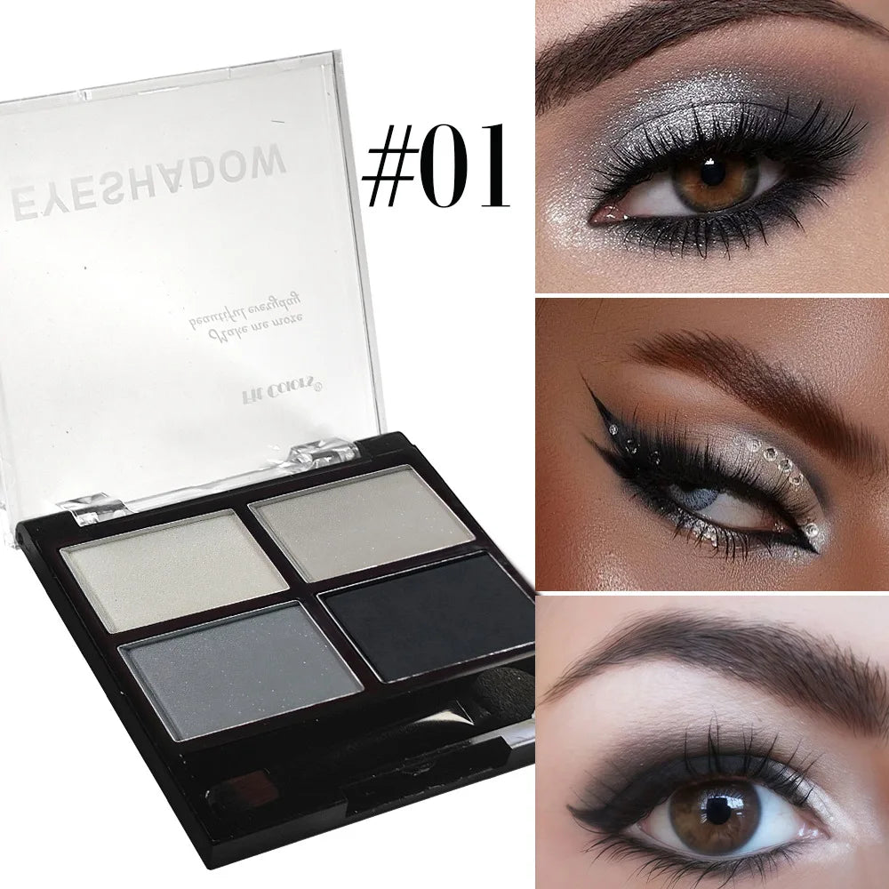 Palette fards à paupières 4 couleurs – Gris et noir smoky, mat et nacré, base illuminatrice avec applicateur