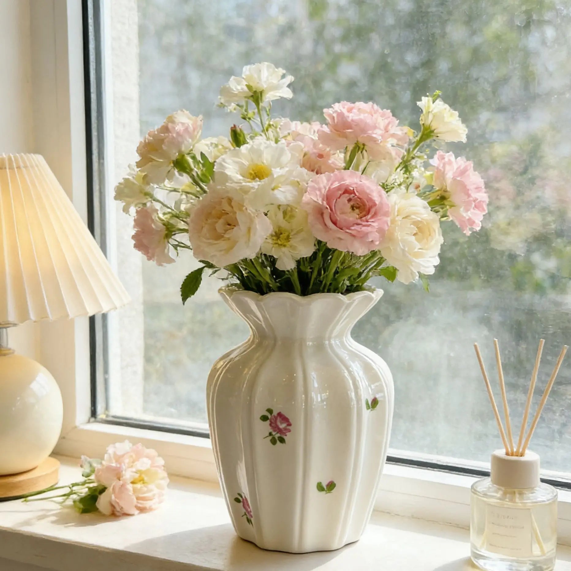Vintage Pink Floral Ceramic Vase – Ribbed Fluted Flower Vase for Elegant Home Decor