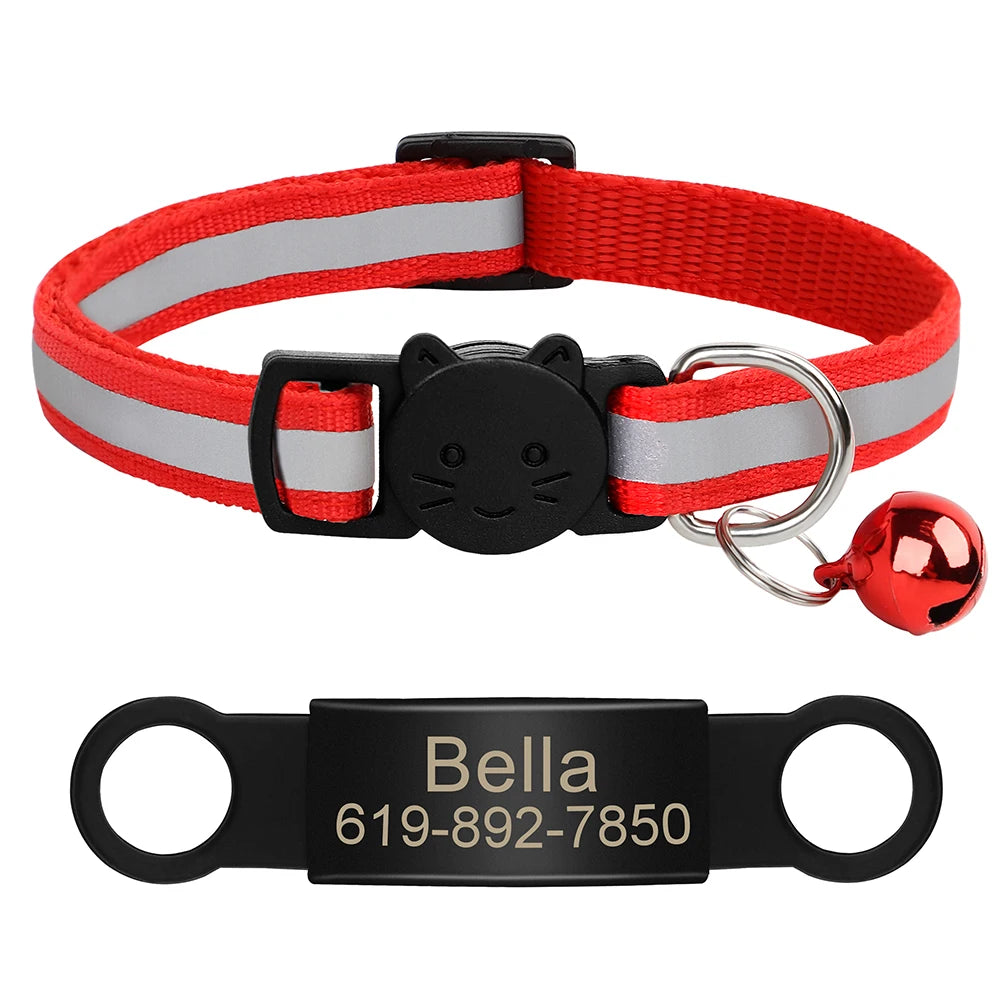 Personalized Reflective Cat Collar with Engraved ID Tag & Bell