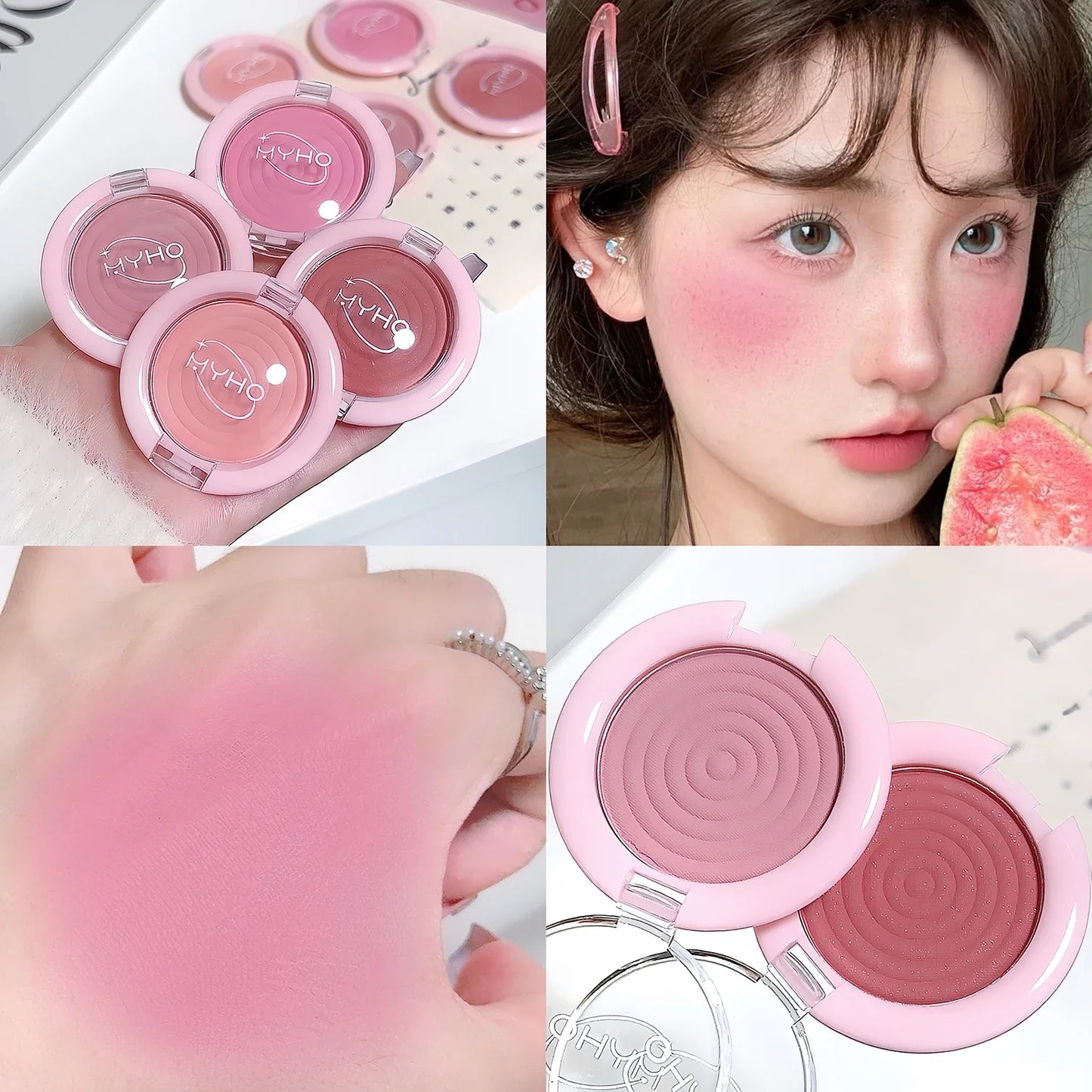 Palette de blush matte en forme de cercles – Texture douce et soyeuse, teinte rose-gris pour joues – Illumine le visage, poudre naturelle avec effet highlight