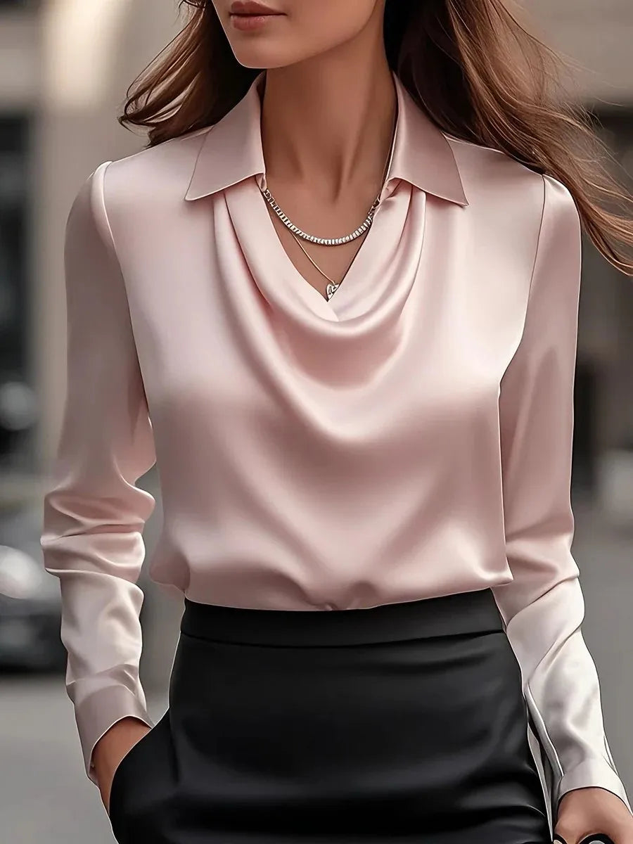 Chemise Élégante en Satin pour Femme  – Blouse à Imprimé Col V, Manches Longues, Coupe Ample, Chic et Décontractée pour le Bureau