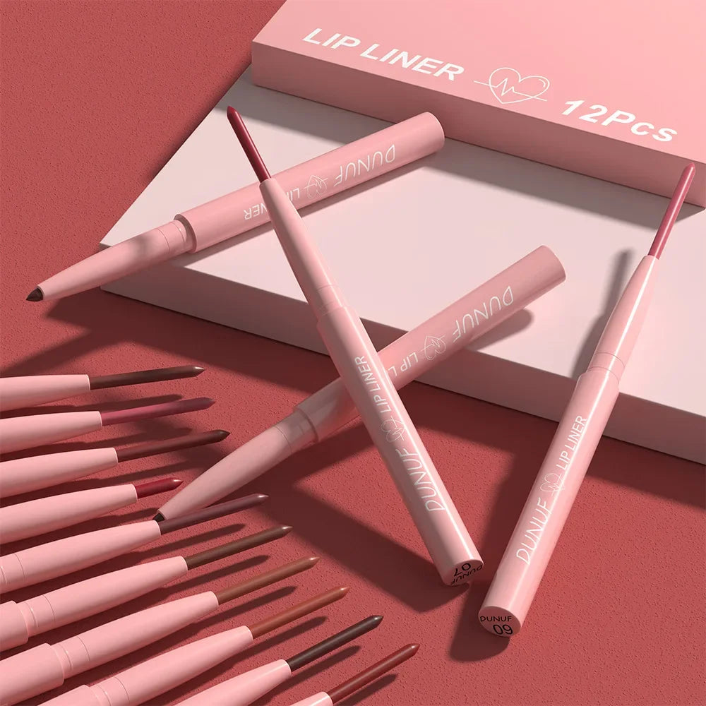 Set Crayons à Lèvres 12 Couleurs – Mat, Waterproof, Tenue 24h, Teinte Coréenne, Maquillage pour Femmes