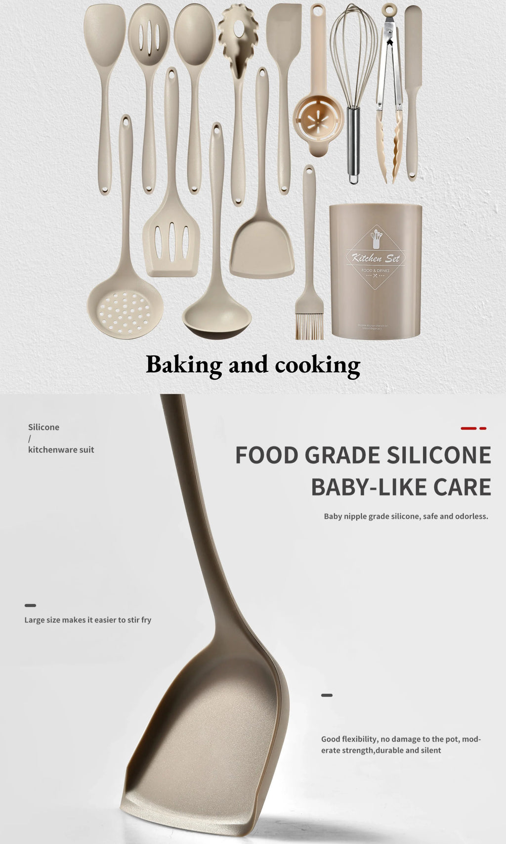 15-Piece Khaki Silicone Kitchen Utensil Set – Food-Grade Cooking Tools with Spatulas, Turner & Soup Spoon
