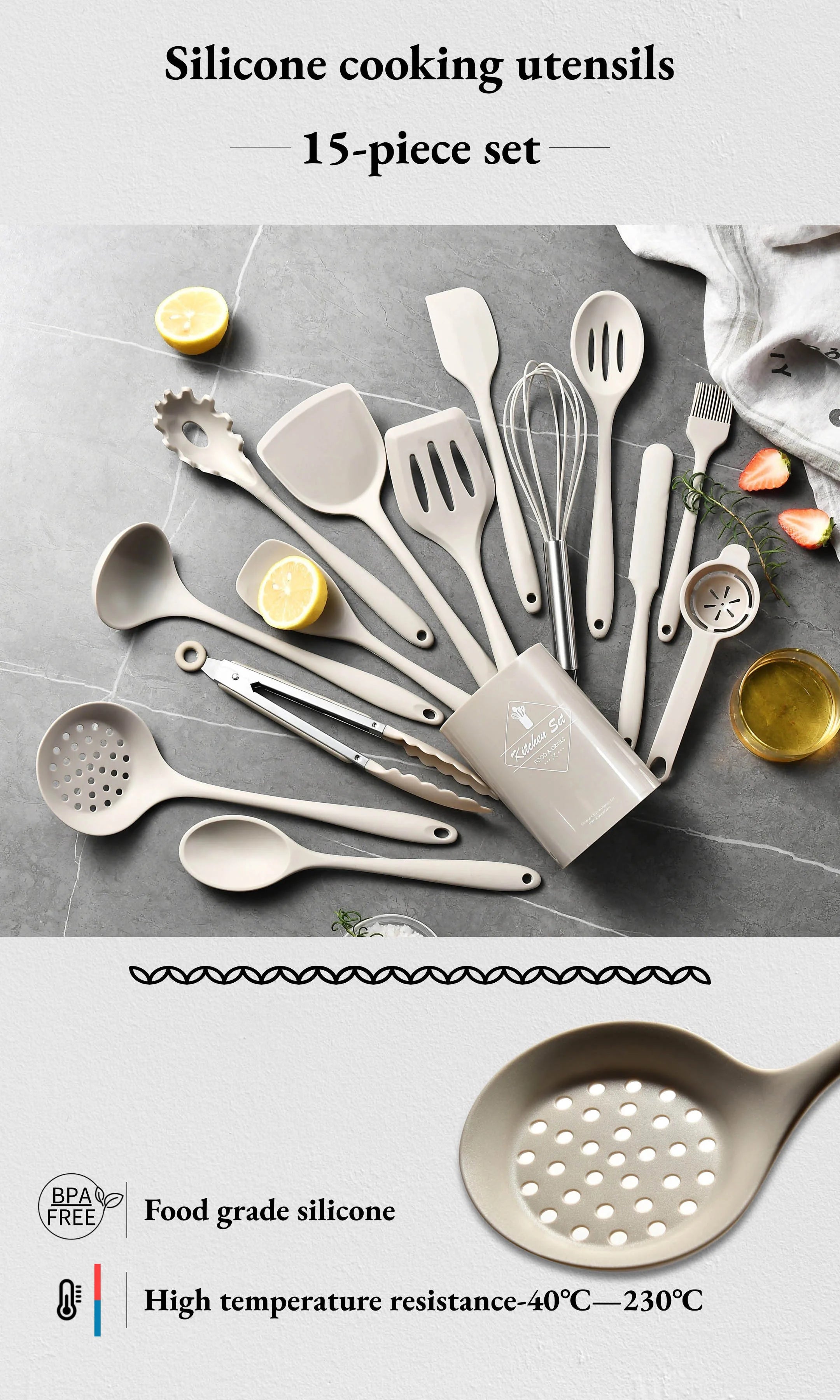 15-Piece Khaki Silicone Kitchen Utensil Set – Food-Grade Cooking Tools with Spatulas, Turner & Soup Spoon