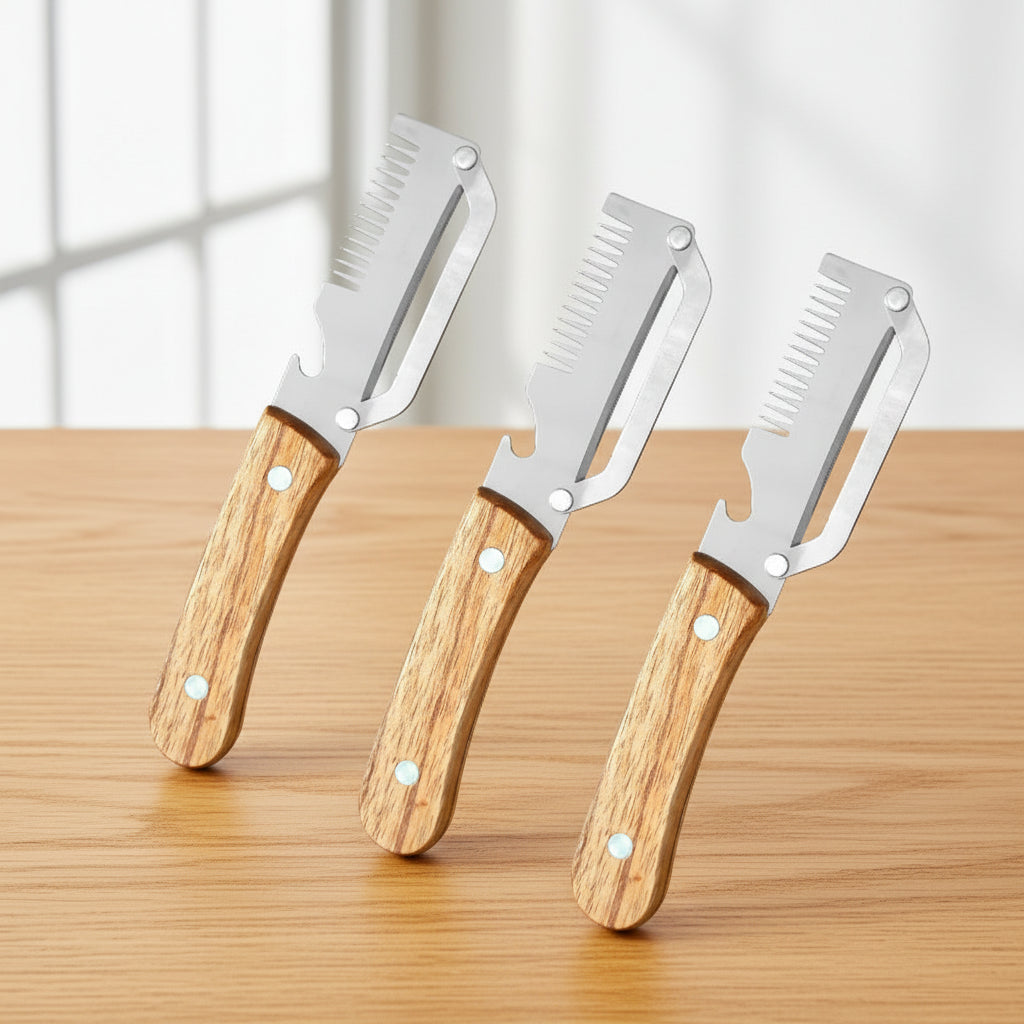 3-in-1 Stainless Steel Vegetable Peeler with Wooden Handle – Fruit & Potato Peeler with Built-In Bottle Opener