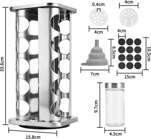 360° Rotating Stainless Steel Spice Rack with 20 Glass Jars – Kitchen Organizer Set