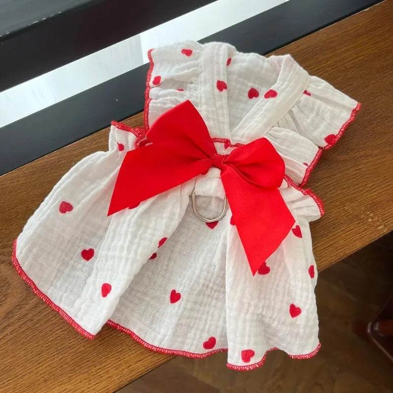 Heart Print Dog Dress with Bow – Cute Summer Princess Outfit for Small Dogs & Cats
