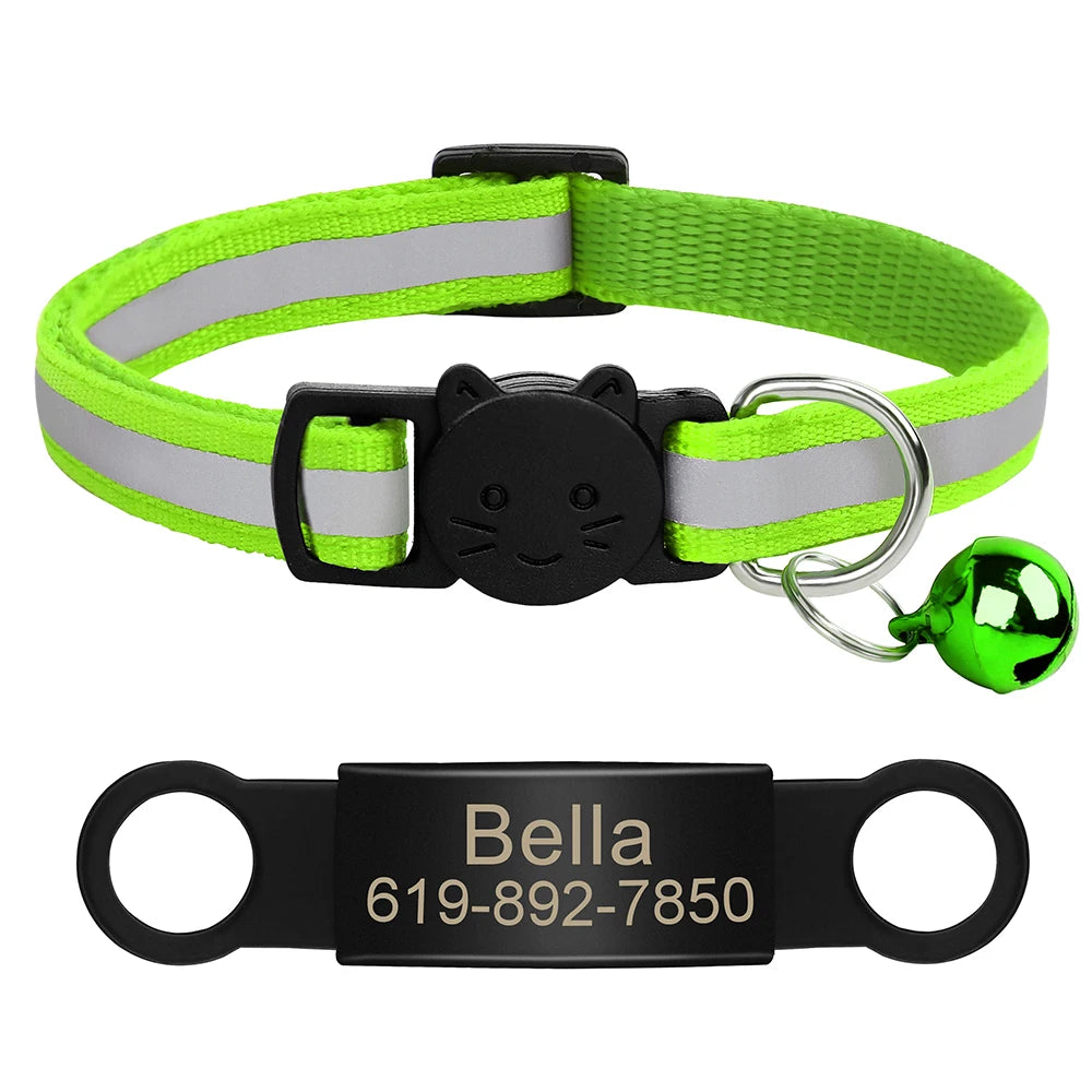 Personalized Reflective Cat Collar with Engraved ID Tag & Bell
