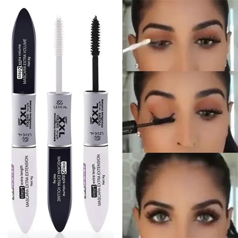 Mascara 2 en 1 4D fibres de soie noir waterproof volume et recourbant double allongeant cils yeux