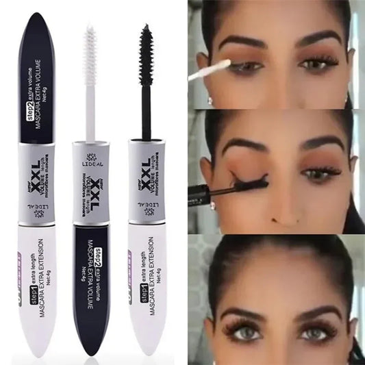 Mascara 2 en 1 4D fibres de soie noir waterproof volume et recourbant double allongeant cils yeux