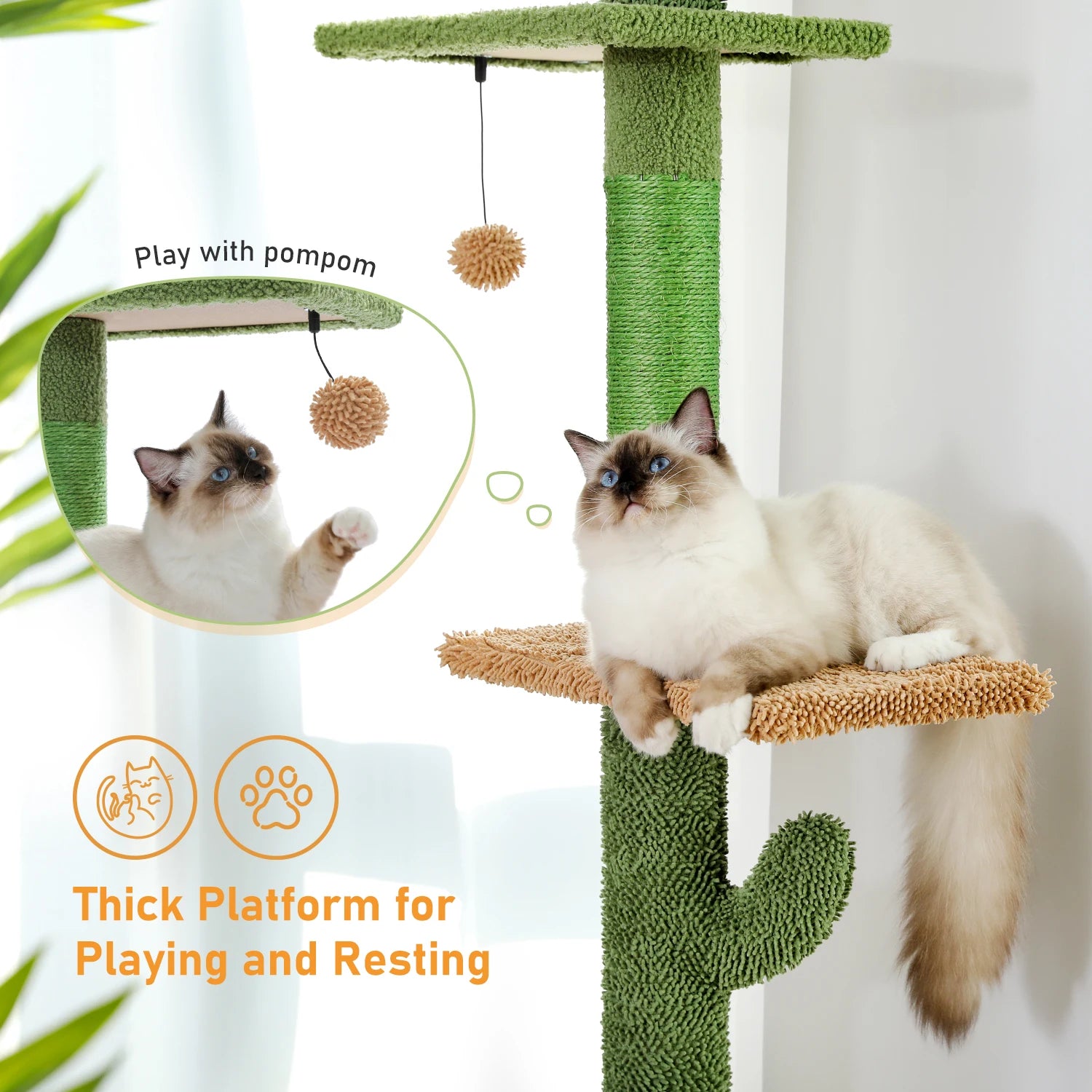 5-Tier Floor-to-Ceiling Cactus Cat Tree – Cat Tower with Hammock & Scratching Posts