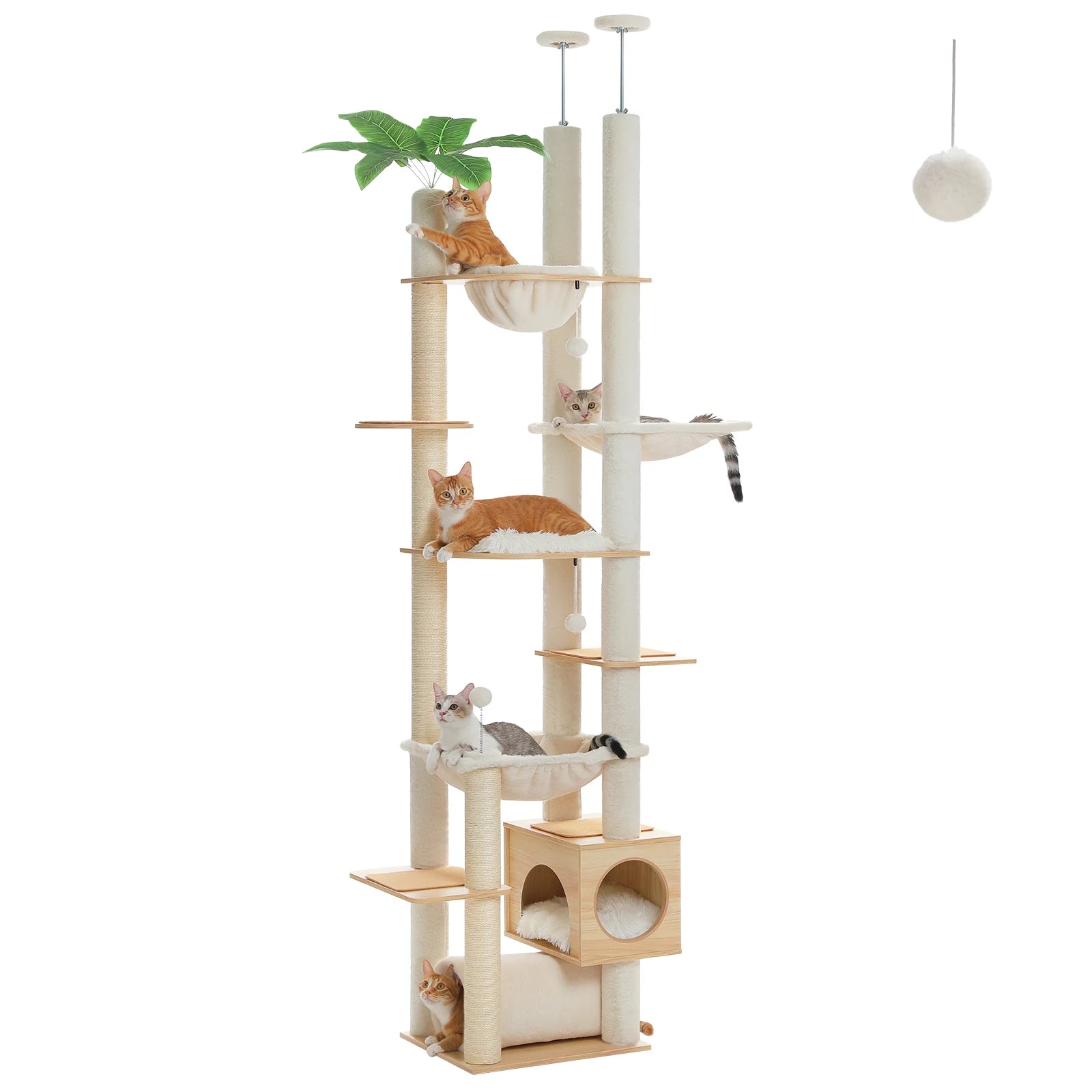 Floor-to-Ceiling Adjustable Wooden Cat Tree – Cat Tower with Hammock & Condo